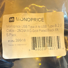 Monoprice USB 2.0 Cable USB Type-A Male to Type-B Male 6ft Black 5-Pack picture