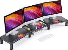 Ameriergo Triple Monitor Stand with Adjustable Angle & Tablet/Cellphone Slots picture