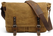 Vintage Military Style Waxed Canvas Messenger Bag for Men, Khaki picture
