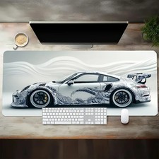 Large White Sports Car Gaming Mouse Pad - Extended Anti-Slip Desk Mat picture