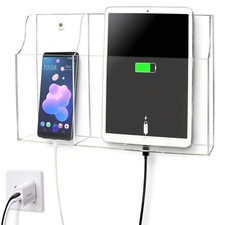 Clear Acrylic Wall Mount Tablet Phone Charging Stand 2 Slots Remote Holder picture