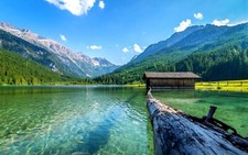 Landscape lake nature boathouses mountains log summer Custom Gaming Mat Desk picture