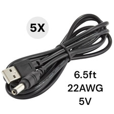 5X USB Male to 5.5mm x 2.1mm Barrel 5V DC Power Cable, High Quality 22AWG, 6.5ft picture