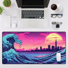 Vaporwave Great Wave Desk Mat, 80s Aesthetic Retro XL Mousepad, Hokusai Inspired picture