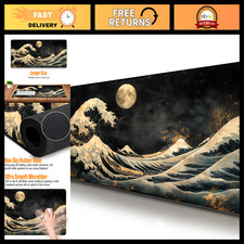 Large Japanese Black Gold Gaming Mouse Pad, Sea Waves Design, XL XXL Non-Slip De picture