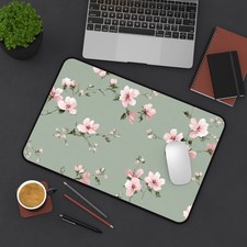 Pink Cherry Blossom Desk Mat | Floral Green Mouse Pad picture
