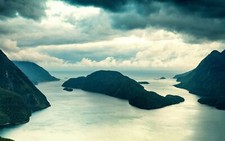 Landscape overcast island mountains green photography Custom Gaming Mat Desk picture