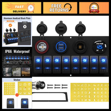 Waterproof 8 Gang Rocker Switch Panel 12V with Blue LED Light for Boat, Car, Tru picture