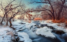 Landscape nature winter river snow trees shrubs sunset Custom Gaming Mat Desk picture