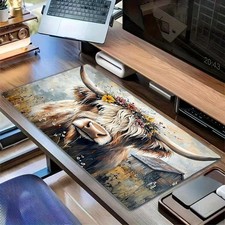 Artistic Highland Cow Mouse Pad | Colorful Desk Mat with Floral Decorations, I picture