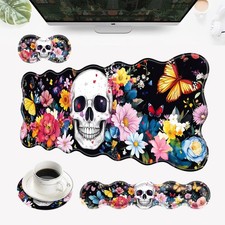 Desk Mat Mouse Pad Wrist Rest 4in1 Large Ergonomic Skull Flowers Butterflies picture