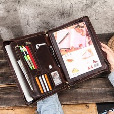 Genuine Leather Portfolio Zippered Padfolio A4 Document Organizer Business Bag picture