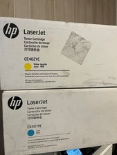 Lot of 2 - Genuine HP Toner CE401YC Cyan, CE402YC Yellow, open boxes sealed bags picture
