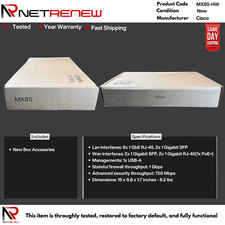 NEW Cisco Meraki MX85-HW 1 Gbps 10x 1GB RJ-45 (1x PoE) 4x 1GB SFP Unclaimed picture