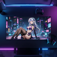 Cyberpunk Anime Girl Desk Mat 16x32 Neon Gaming Mouse Pad XL picture