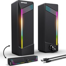 2 in 1 PC Speakers Black USB Powered 3.5mm Aux Touch RGB Lighting Gaming picture