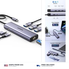 UGREEN USB C hub 6 in 1 4K HDMI gigabit ethernet PD 100W 3x USB-A grey picture