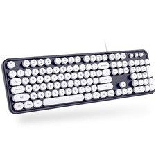 Dark Blue Computer Wired Keyboard USB Retro Round Typewriter Foldable Stands picture