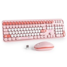 Bunny Pink Cute Wireless Retro Typewriter Keyboard Mouse Combo Round Keys picture