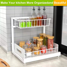 2 Pack Metal under Sink Organizer Adjustable 2 Tier Pull Out Storage Shelf Slide picture