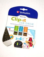NEW Verbatim Clip-it 4GB USB Flash Drive 3 Pack Green Blue Orange Portable Mini picture