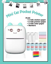  Mini Cat Thermal Bluetooth Pocket Printer Bundle 5 Sticker Rolls+ 5 Paper ... picture