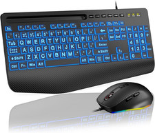 Km21Pro Wired Keyboard and Mouse Combo, 4X Larger Print Backlit Keys, Palm Rest, picture