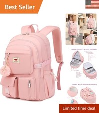 Fashion-Forward 15.6 Inch Pink Laptop Backpack with Card Pocket & Pendant picture