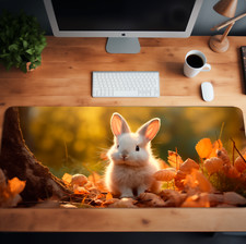 Cute Bunny Deskmat - Aesthetic Mouse Pad, Realistic Image, Autumn Design. picture