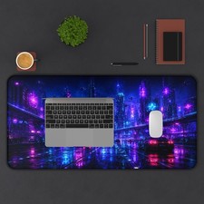 Neon Futuristic City Desk Mat | Cyber Nightscape Gaming Mouse Pad picture