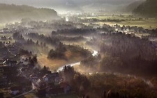 Landscape nature mist morning sun rays forest river town Custom Gaming Mat Desk picture