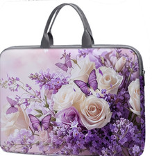 Purple butterfly, white rose print 14 inch laptop bag, zipper closure. picture