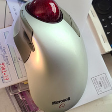 Microsoft Optical USB Wired Trackball Mouse Scroll Wheel Silver Gray Red Ball picture
