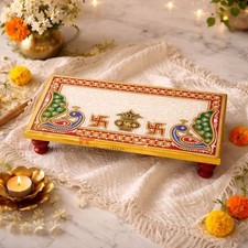 Elegant Marble Pooja Chowki with Peacock Motif – Perfect for Home Mandir & Idols picture
