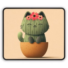 Cactus Cat Illustration Gaming Mouse Pad | Cute Plant Kitty Desk Mat picture