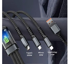 3-in-1 USB-A to USB-C/Micro-USB/Lightning 100W Fast Charge Braided LED Black 4FT picture