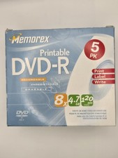5 x MEMOREX Printable DVD-R 8 X 4.7 GB 120Min with Case Brand New. picture