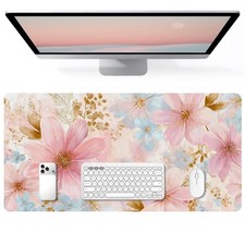 31.5x15.7 Inch Pastel Pink Blue Floral PU Leather Desk Mat Mouse Pad picture