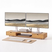 ROCDEER Bamboo Dual Monitor Stand, Natural Desk Shelf with 2 Drawers picture