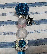 Decorated Blue White Stylus/ballpoint pen Sparkly, Rhinestone, Roses & Dragonfly picture