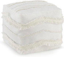 Off White Ivory Canvas Boho Chic Tufted Pouf Cover Square Bohemian Fringe Minima picture