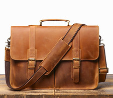 Leather Laptop Briefcase, Messenger Bag Tan, 15 in, Adjustable Shoulder Strap picture