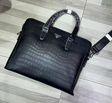 PRADA Black Leather Crocodile Print Laptop Briefcase Adjustable Strap 15 in picture