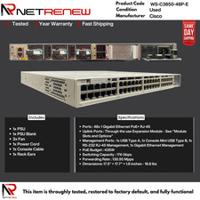 Cisco WS-C3850-48P-E Catalyst 3850 48x 1GB PoE+ RJ-45 PoE Switch w/C3850-NM-4-1G picture