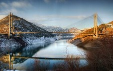 Landscape nature bridge fall lake mountains snow sunset Custom Gaming Mat Desk picture