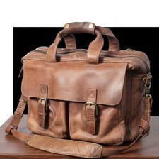 LL Bean Maine Leather & Brass Briefcase Crossbody Laptop Business Y2K ~15x11x7 picture