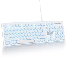 Cute Quiet Keyboard White Wired Typewriter Light Up Backlit Round Keys 104 picture