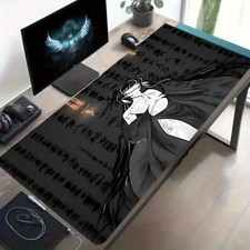 A Black And White Anime-Style Mouse Pad, a Large Black Desk Mat, Minimalist Ga picture
