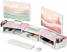 Desk Organizer and Accessories Pink White Dual Monitor Stand Riser with Drawer picture