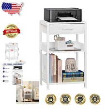 White 3-Tier Printer Stand with Fabric Drawer - Modern Storage Table picture